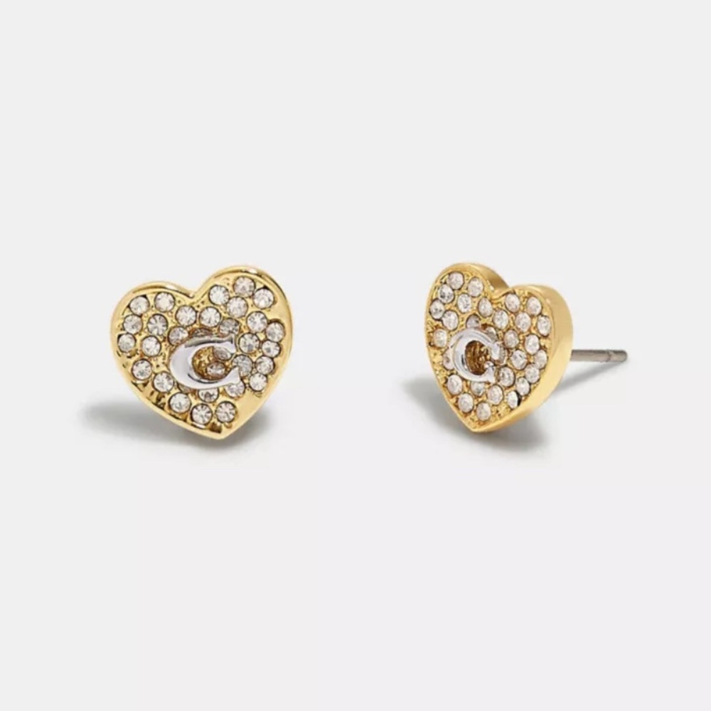 Coach Pave Heart Logo Stud Earrings Silver Gold-tone - Picture 4 of 5